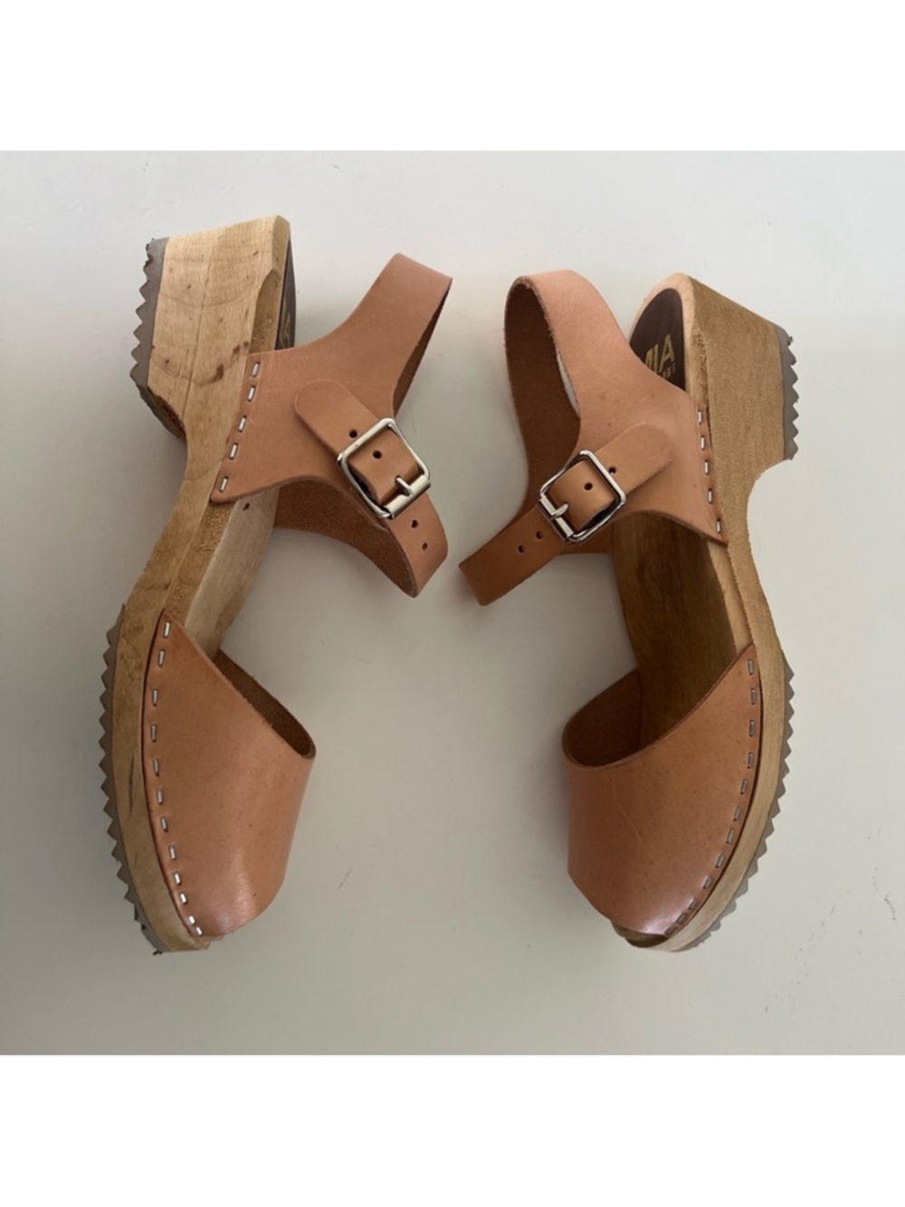 MIA Anja Swedish Leather & Wood Peep Toe Clogs Size 39